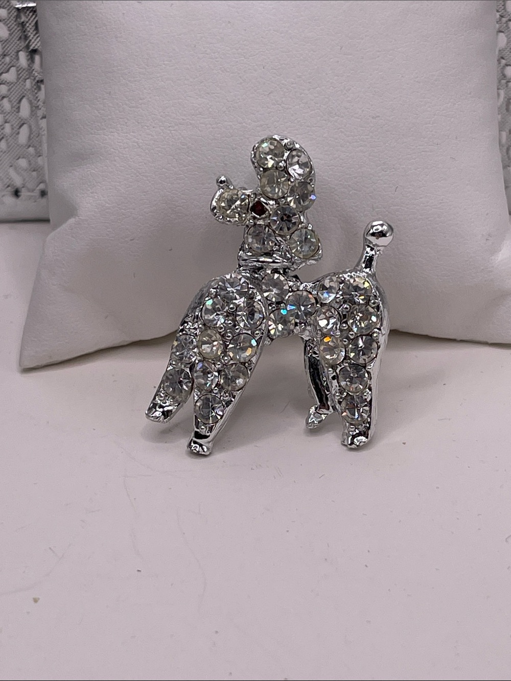07.05.26-6 Vintage inspired Crystal Poodle Dog Brooch - Silver Rhinestone Accent